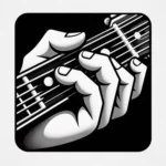 Illustrated hands playing a guitar, focusing on the fingers pressing the strings against the frets. Black and white.