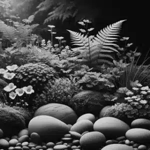 Smooth stones and various leafy plants in a lush garden scene, shown in black and white.