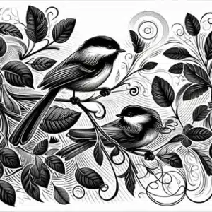Two black-and-white birds perched on leafy branches in a detailed, decorative illustration style.